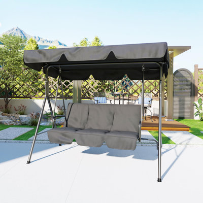 3-Person Outdoor Patio Swing Chair with Adjustable Waterproof Canopy, Heavy-Duty Steel Frame, Textilene Seat, Armrests, for Porch, Garden, Balcony - grey