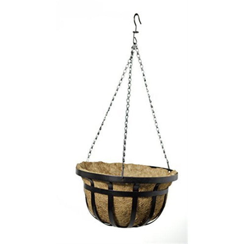 Panacea Flat Iron Outdoor Round Hanging Basket Planter with Coco Liner, Black, 14in