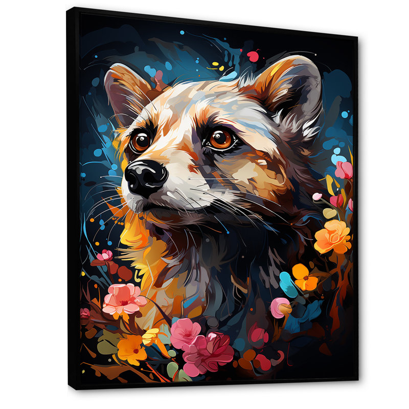Yellow Dog Floral Meadows - Art mural chien, H 32 po x l 16 po x P 1 po, Cadre flottant noir