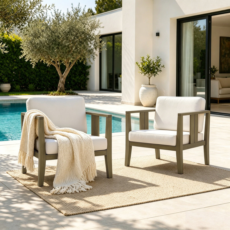 Junco Solid Wood Teak Outdoor Lounge Chair With Cushion And Arm, Beige, Brown