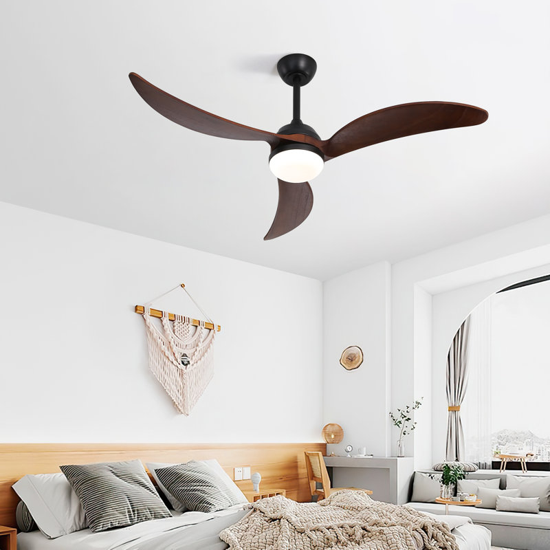 3-Solid Blade Propeller Ceiling Fan with Remote Control and LED Light - Loynaz, Black with Walnut Blades