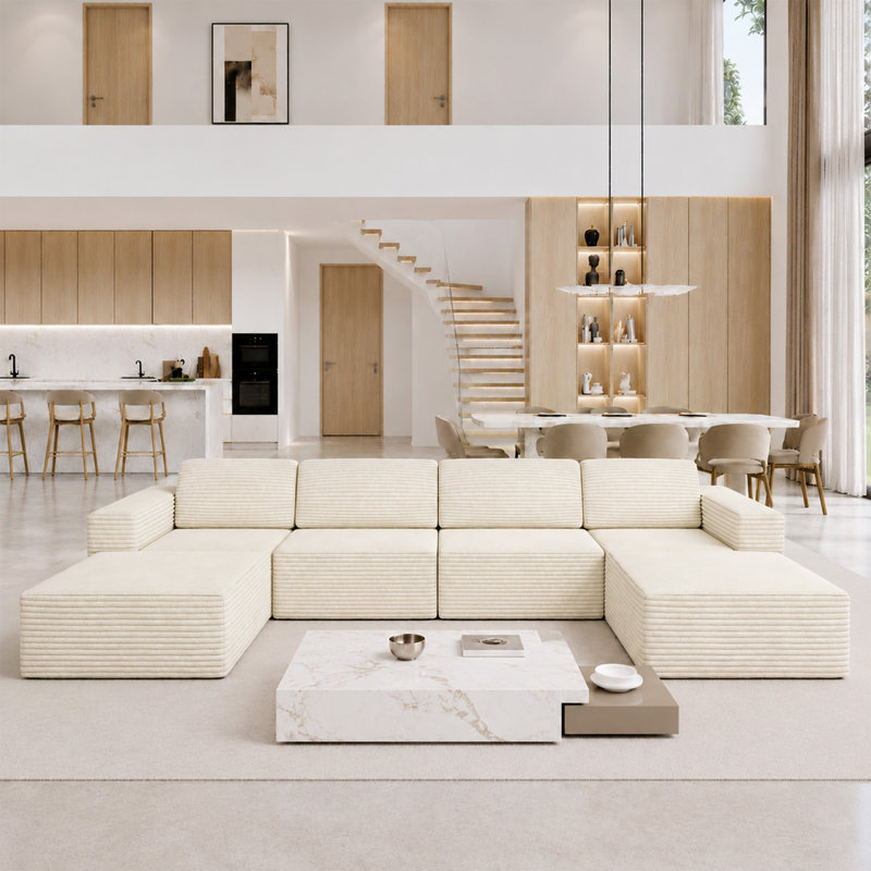 Modular Corduroy Boneless Sofa With 2 Ottomans, No Assembly Required, With High Rebound Sponge, 93" H x 404" W x 205" D