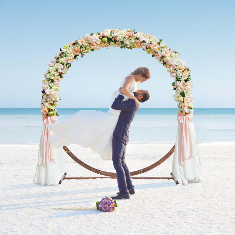 Costway 7.4 Ft Round Wedding Arch Wooden Arbour Backdrop Stand With Triangular-Shaped Base
