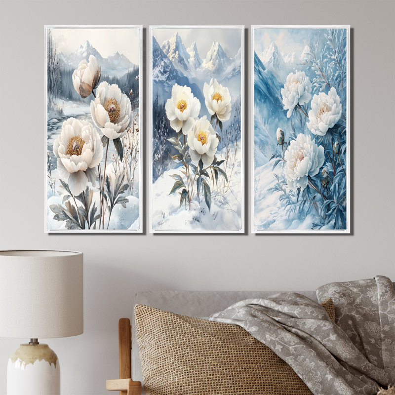 Neige pivoines dans le paysage hivernal I - Collection d'art mural grand pivoines, H 40 po x l 60 po, Blanc