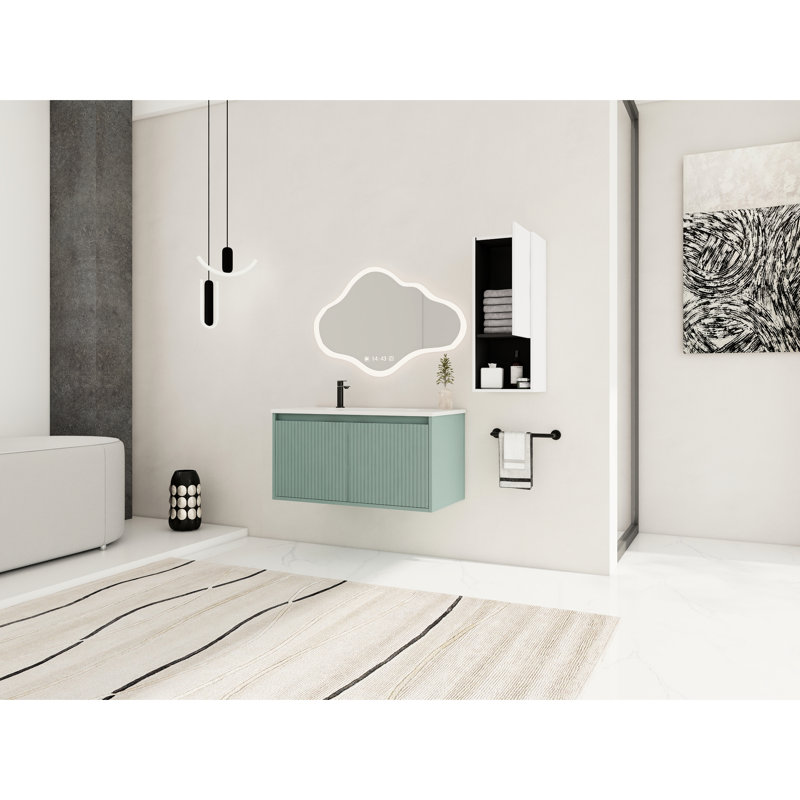 Meuble-lavabo de salle de bain 36 po avec lavabo en résine en forme de goutte et armoires latérales, blanc
