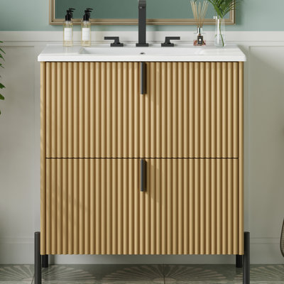 Meuble-lavabo en céramique de 30 po avec cloison de tiroir intelligente, glissières à fermeture en douceur et conception de déversement pour des salles de bain fonctionnelles Rangement intelligent, conception cannelée, comptoir brillant Entretien facile