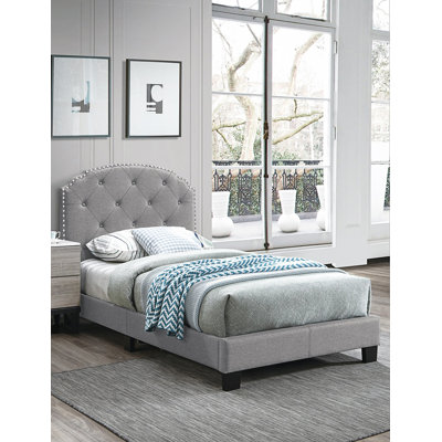 Twin Size 1Pc Bed With Nailhead Trim Button Tufted Headboard