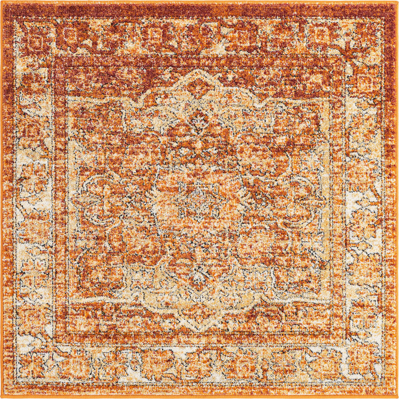 Tapis traditionnel orange Marjelle, Carré 7 pi 10 po