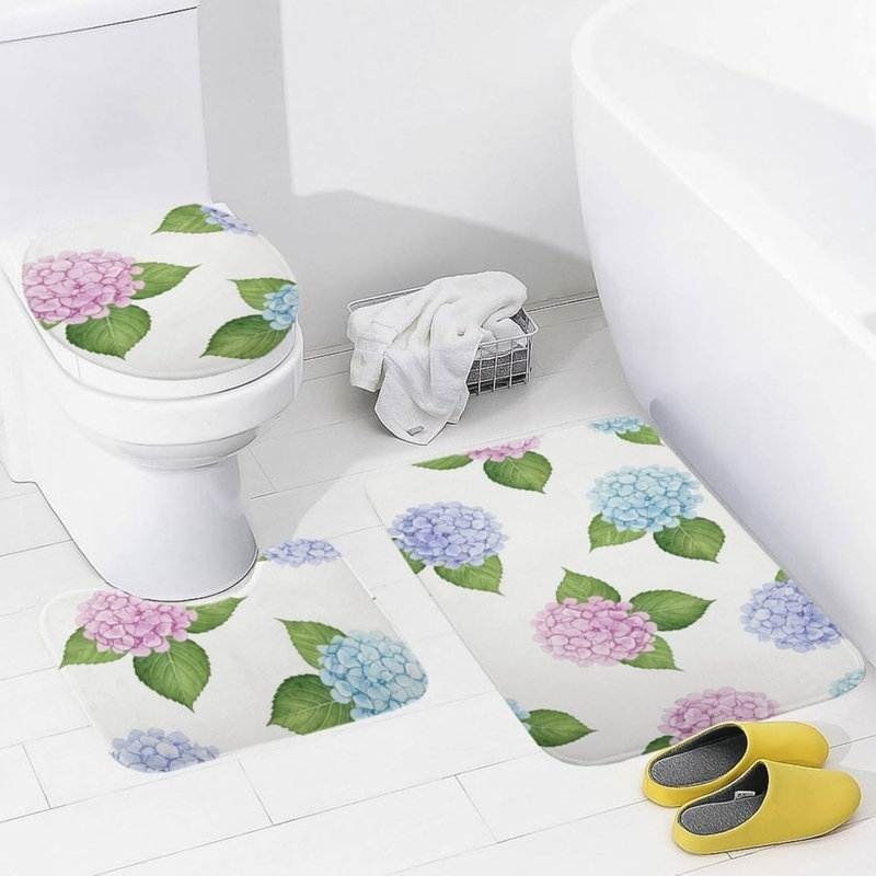 Ensemble de 3 tapis de salle de bain à motif floral hortensia mauve, Blanc/vert, Plants & Flowers