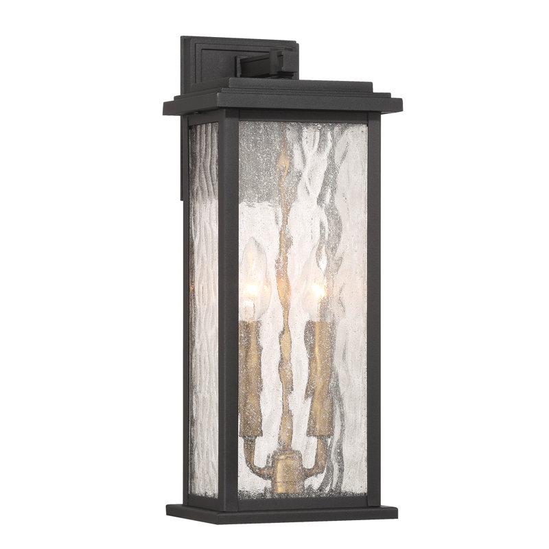 Estate - 2-Light Outdoor Wall Sconce - Black with Brass Accent - Rain Glassware Shade, 17" H x 7" W x 6.5" D