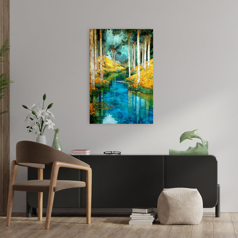 «Enchanted Forest River Peaceful Serene Tranquil Autumn Forest», art mural, H 36 po x l 24 po