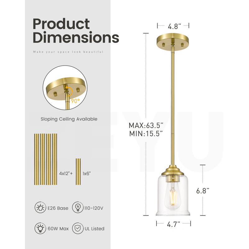 Luminaire suspendu 1 lumière Mid-Century 1 lumière avec abat-jour en verre transparent