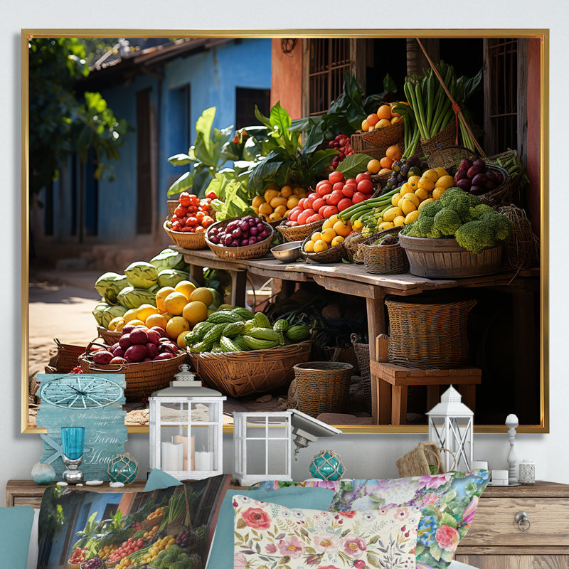 «Cuban Food Market Dream» sur impression sur toile, Cadre flottant doré, H 34 po x l 44 po x P 1,5 po