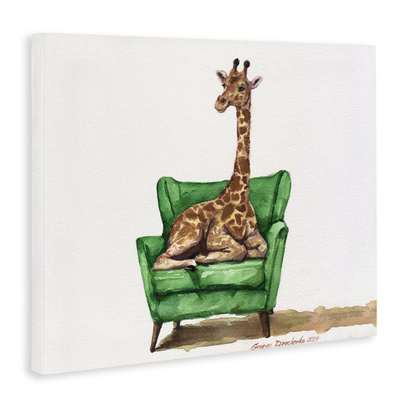 Mignonne girafe sur toile de chaise verte, design par George Dyachenko, H 16 po x l 20 po