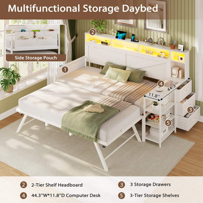 Lit de jour simple avec lit gigogne escamotable, structure de lit de jour en bois de ferme avec 3 tiroirs de rangement et tablettes, lit de jour simple avec station de charge et lumières DEL pour la chambre à coucher, la chambre d'amis
