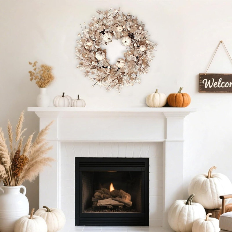 Couronne de citrouille d'automne pliable 26 po avec lumières DEL - Feuille d'automne