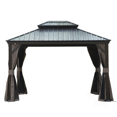 12' X 14' Hardtop Gazebo, Upgraded Metal Gazebo with Drainage System, Dual-Layer Galvanized Steel Roof, Curtain and Netting, Outdoor Shelter Canopy for Patio, Garden, and Backyard