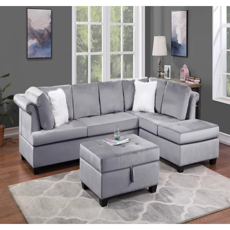 Canapé et méridienne modulaires faisant face à la droite avec repose-pieds Exauce, Velours gris