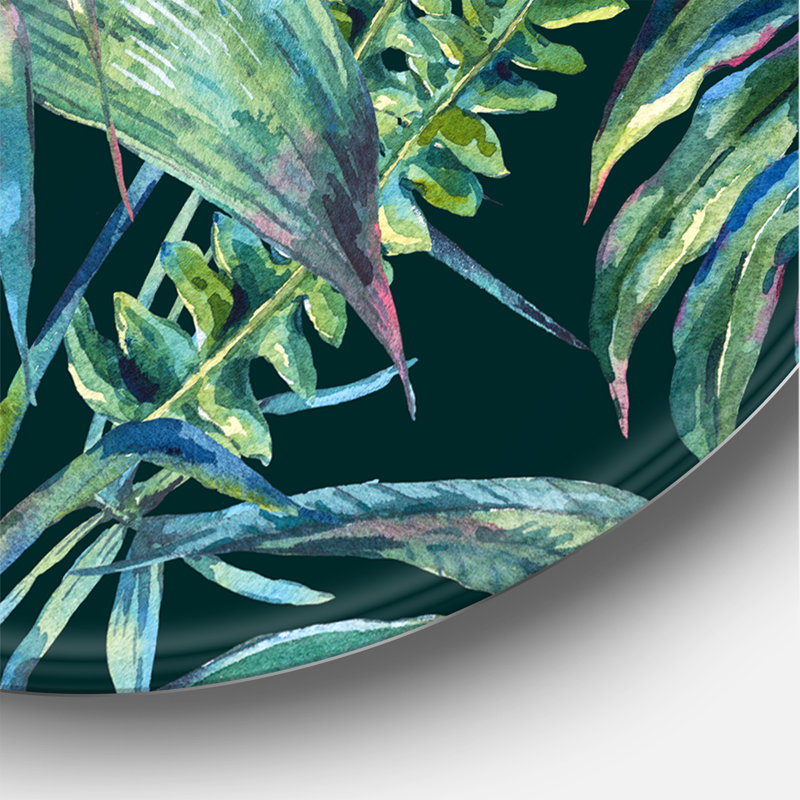 «Natural Leaves Exotic On Dark I» - Art mural cercle tropical en métal, H 23 po x l 23 po x P 1 po