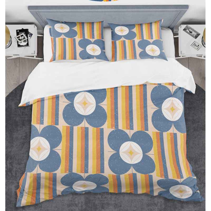Ensemble de housse de couette rétro mid-century florale iii, Housse de couette très grand + 2 taies décoratives