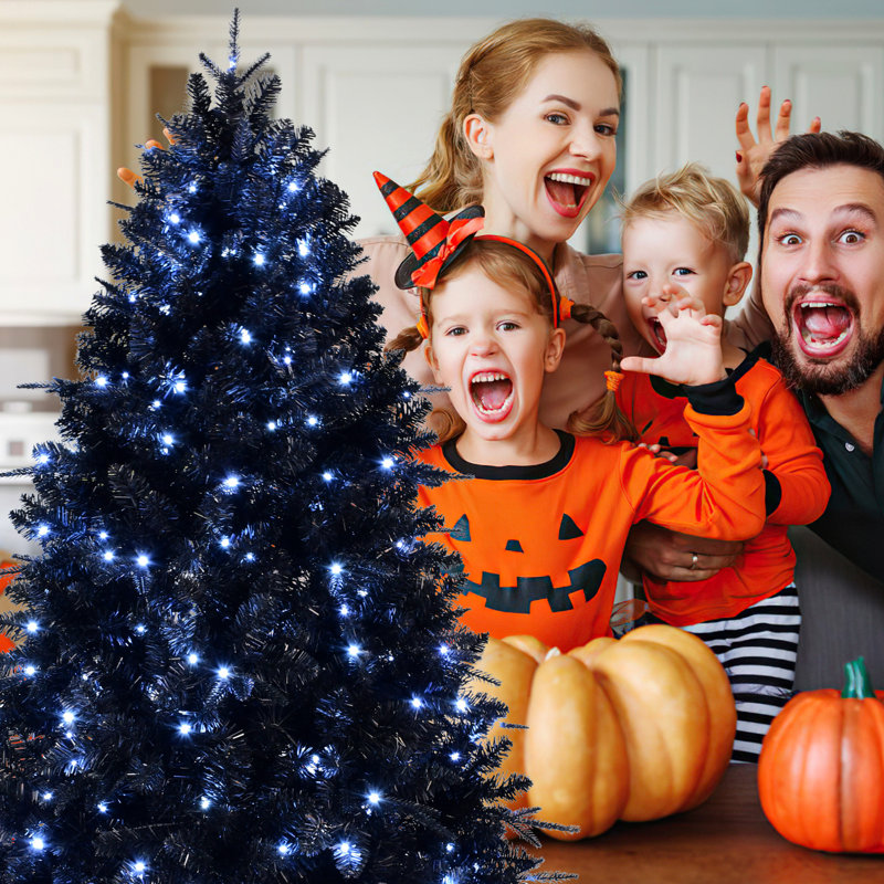 Arbre de Noël 7,5 pi noir avec 500 lumières à DEL blanches, 2156 pointes Pe +, branches articulées, support en métal et décoration des Fêtes dans une structure de décoration saisonnière, un support et un ornement