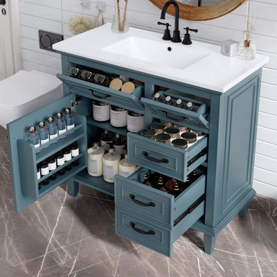 Meuble-lavabo 36 po avec comptoir en céramique, structure en bois massif, armoire en bois aggloméré et peuplier, tiroirs rabattables, tablette réglable (robinet non inclus)