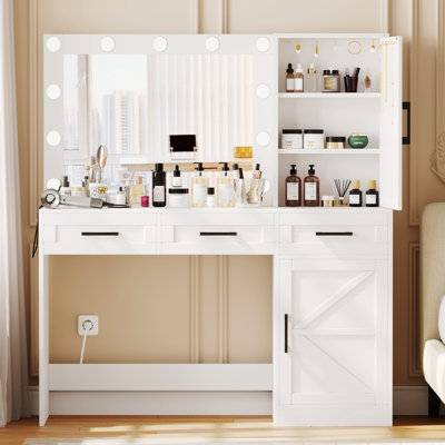 Jazline 46.9" L Vanity Table with Lighted Mirror, Makeup Vanity Desk with 10 Hooks and Charging Station