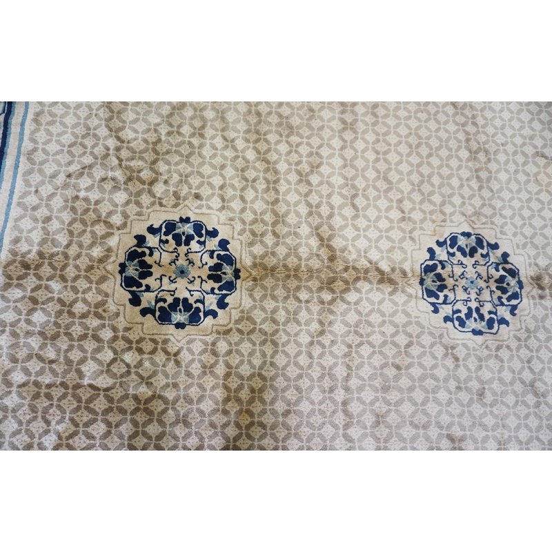 1920s Traditional Antique Beige Chinese Animal Geometric Knotted Gallery Rug