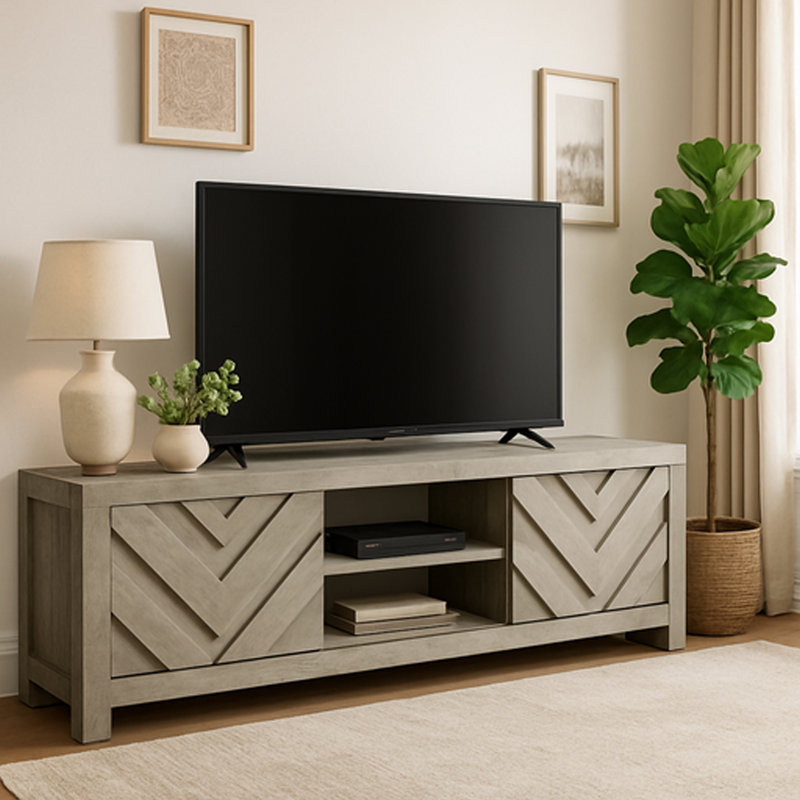 Velz TV Media Stand Console, 2 Chevron Doors, Open Shelves, Beige, Beige