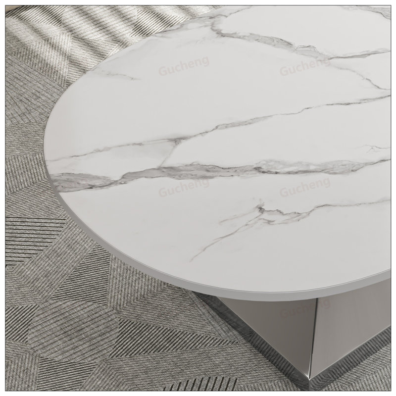Table basse moderne en pierre frittée avec base en acier inoxydable - Centre de table de salon élégant, Argent argent