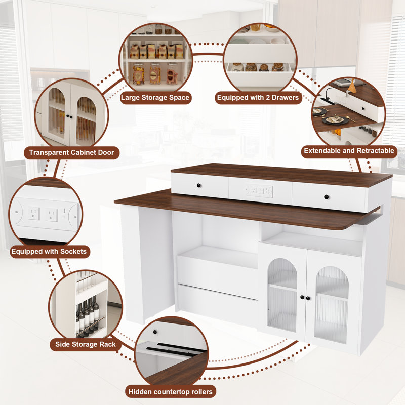 Adjustable Kitchen Island Cart with Seating for 2-4 | Rotating Countertop, Storage Drawers, Glass Display Cabinet & Sockets | Modern Freestanding Breakfast Bar