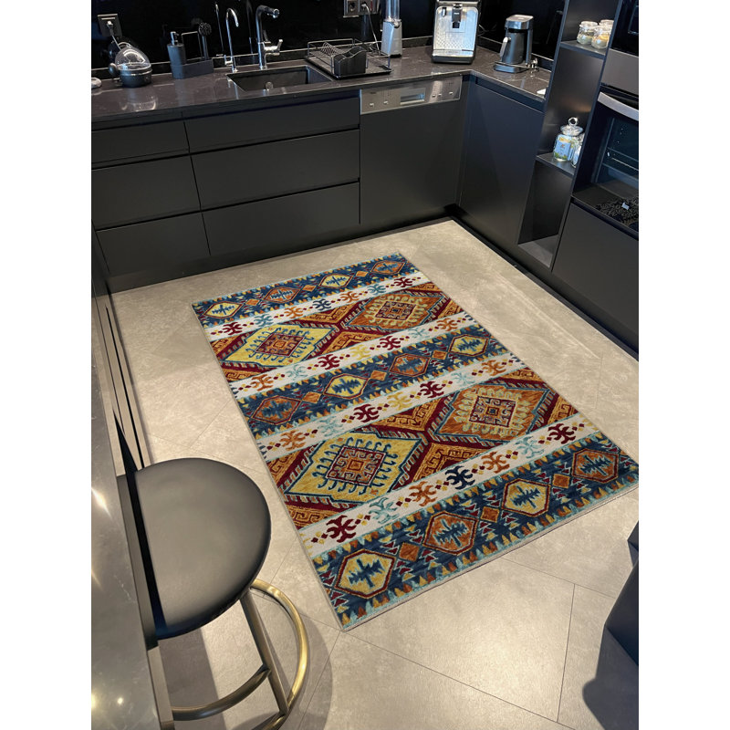 Tapis décoratif bleu / orange à motifs mixtes, Rectangle 4 pi 11,06 po x 7 pi 6,55 po