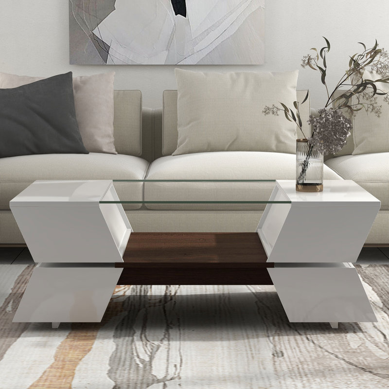  Table basse à plateau en verre avec tablettes ouvertes et armoires, table centrale moderne à 2 niveaux avec rangement pour le salon, blanc