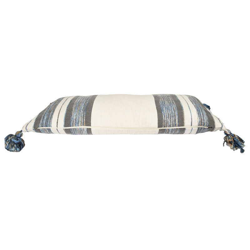 Modern Blue & Grey Striped Cotton Blend Lumbar Pillow with Tassels, 36" x 16"