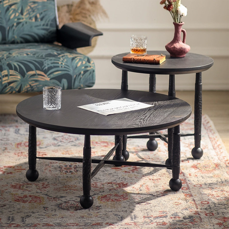 Retro Black Solid Wood Round Coffee Table Sets
