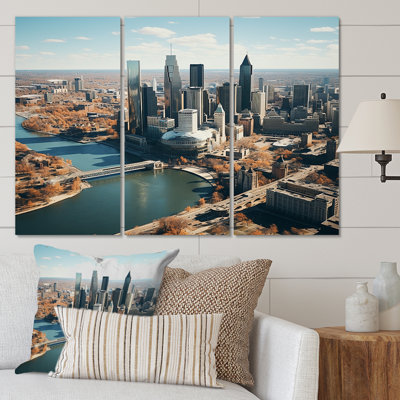 Abstract Detroit Skyline Motor City II On Canvas 3 Pieces Print