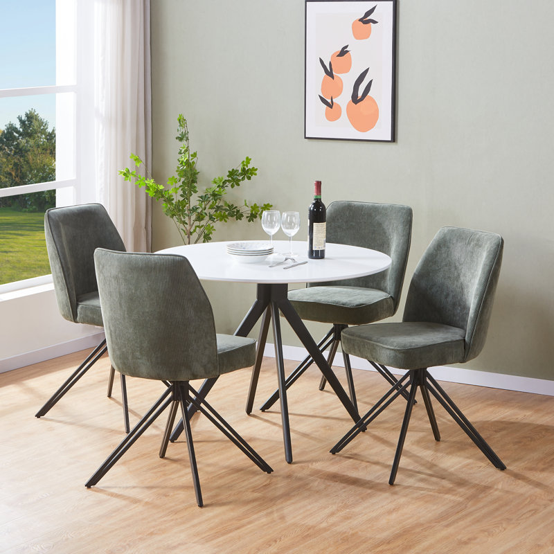 Aspen Round Dining Table with 4 Swivel Upholstered Fabric Chairs - Modern Dining Set, White, Green
