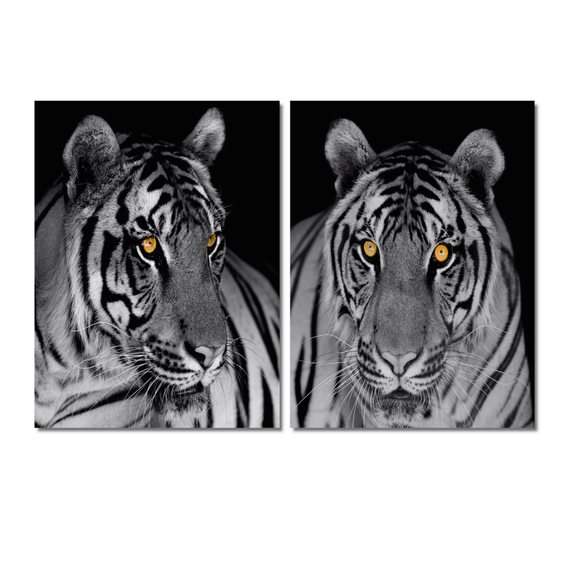 Portrait monochrome d'un tigre blanc I - ensemble d'art traditionnel de 2 pièces, H 40 po x l 60 po x P 1,5 po