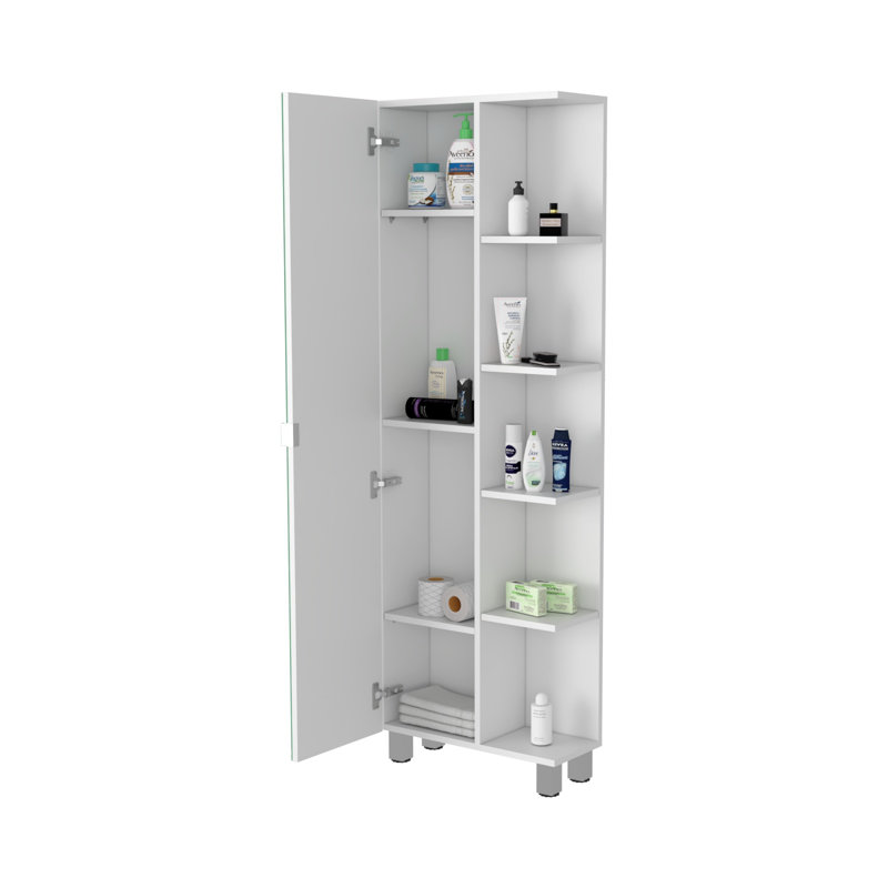 Armoire à linge Los Angeles avec porte miroir et cinq tablettes, rangement autoportant en bois d'ingénierie blanc