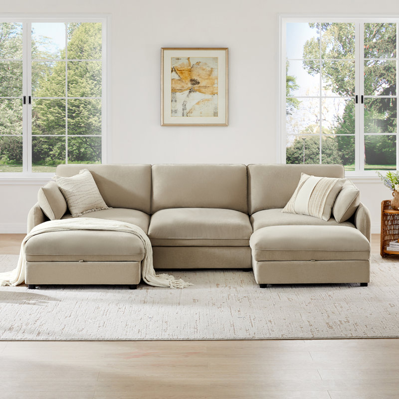 Canapé modulaire rembourré modulaire avec 5 repose-pieds de 112 po, Polyester kaki