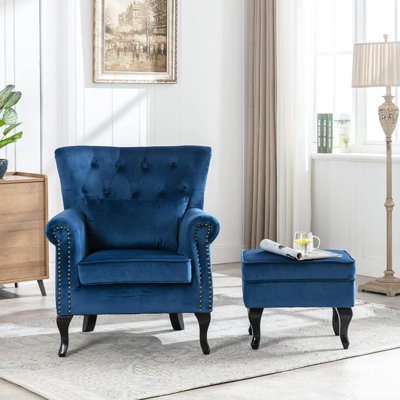 Chaise d'appoint Mid-Century moderne avec repose-pieds - Fauteuil à oreilles rembourré en velours, conception capitonnée, pieds en bois robustes, coussin amovible pour le salon, la chambre à coucher ou le bureau