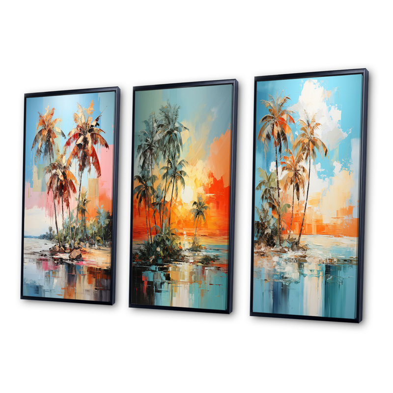 «Palm Trees Tropical Minimalisme», 3 pièces sur toile, Cadre flottant noir, H 20 po x l 36 po