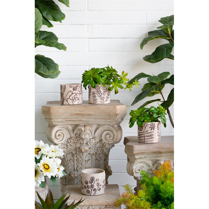 Set of 4 Gray Cement Planters 4.3" – Botanical Design Flower Pots