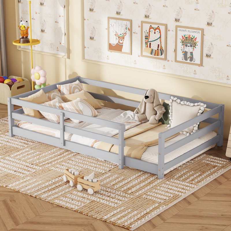 Twin Size Floor Wood Bed, Gray, Twin