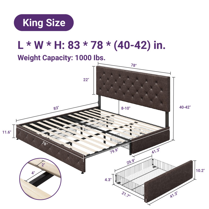 Zelna Upholstered Platform Storage Bed with 4 Drawers and Sleek Button Tufting, Brown, King