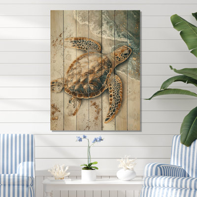 Golden Turtle Trails On The Beach I - Turtle Animal Wood Wall Art - On Natural Pine Wood