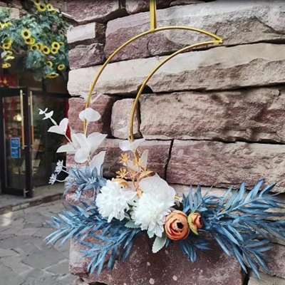 Guirlande ornementale en forme de lune 1Pc, couronne de décoration de jardinage, métal de qualité supérieure 11,8 pouces et fleurs artificielles avec feuillage blanc, orange, bleu-vert - aucune électricité nécessaire, facile à suspendre pour le Ramadan
