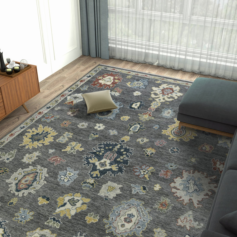 Tapis floral gris noué à la main Torina, Rectangle 9 pi x 12 pi