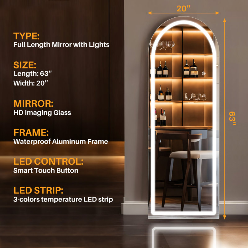 Miroir sur pied pleine longueur avec lumières DEL Belspring Mirror, 63 po x 20 po