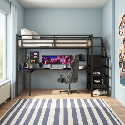 Grand lit mezzanine avec bureau en L et port USB, lit mezzanine en métal avec garde-robe et tablette réglable